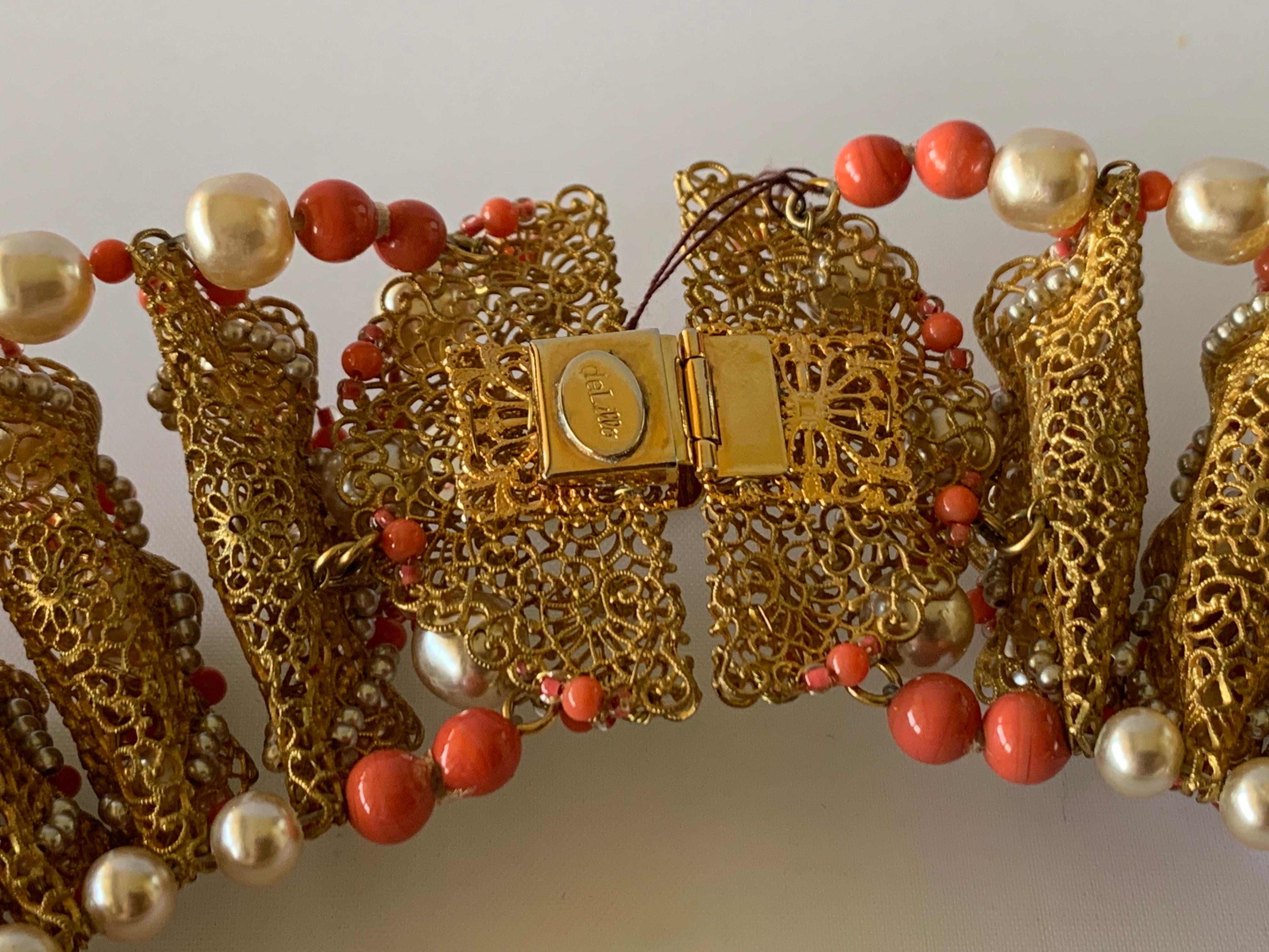 Vintage Gilt Coral and Pearl Beaded Statement Necklace by de Lillo  6