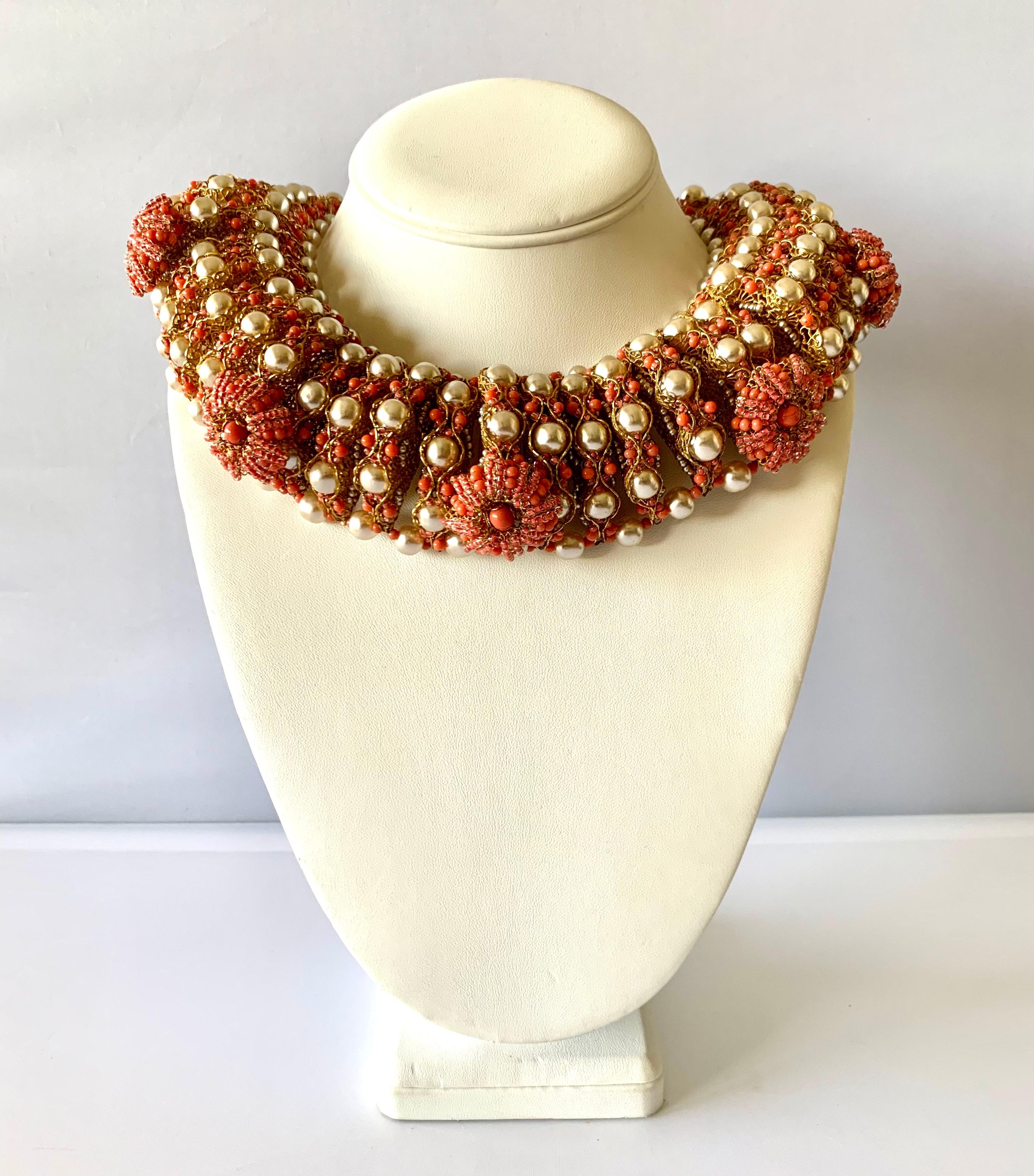 Contemporary Vintage Gilt Coral and Pearl Beaded Statement Necklace by de Lillo 