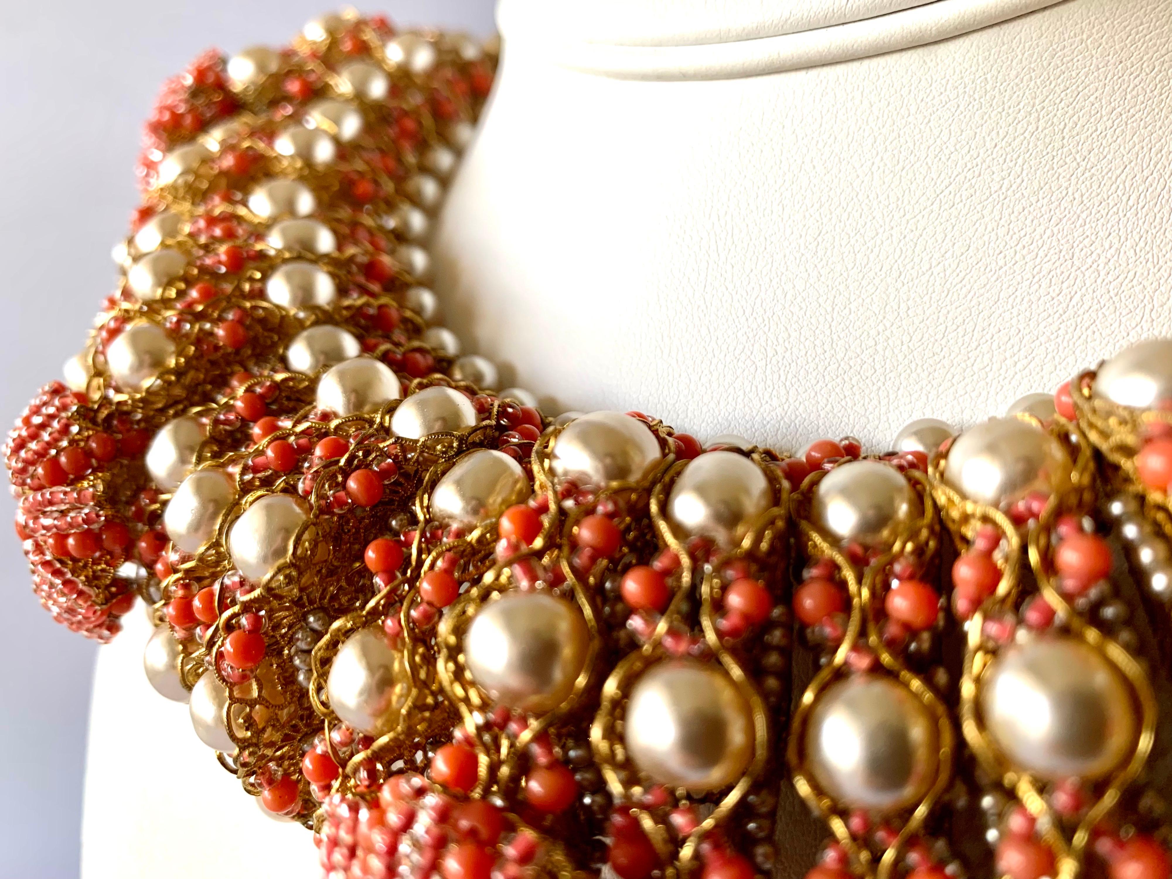 Women's Vintage Gilt Coral and Pearl Beaded Statement Necklace by de Lillo 