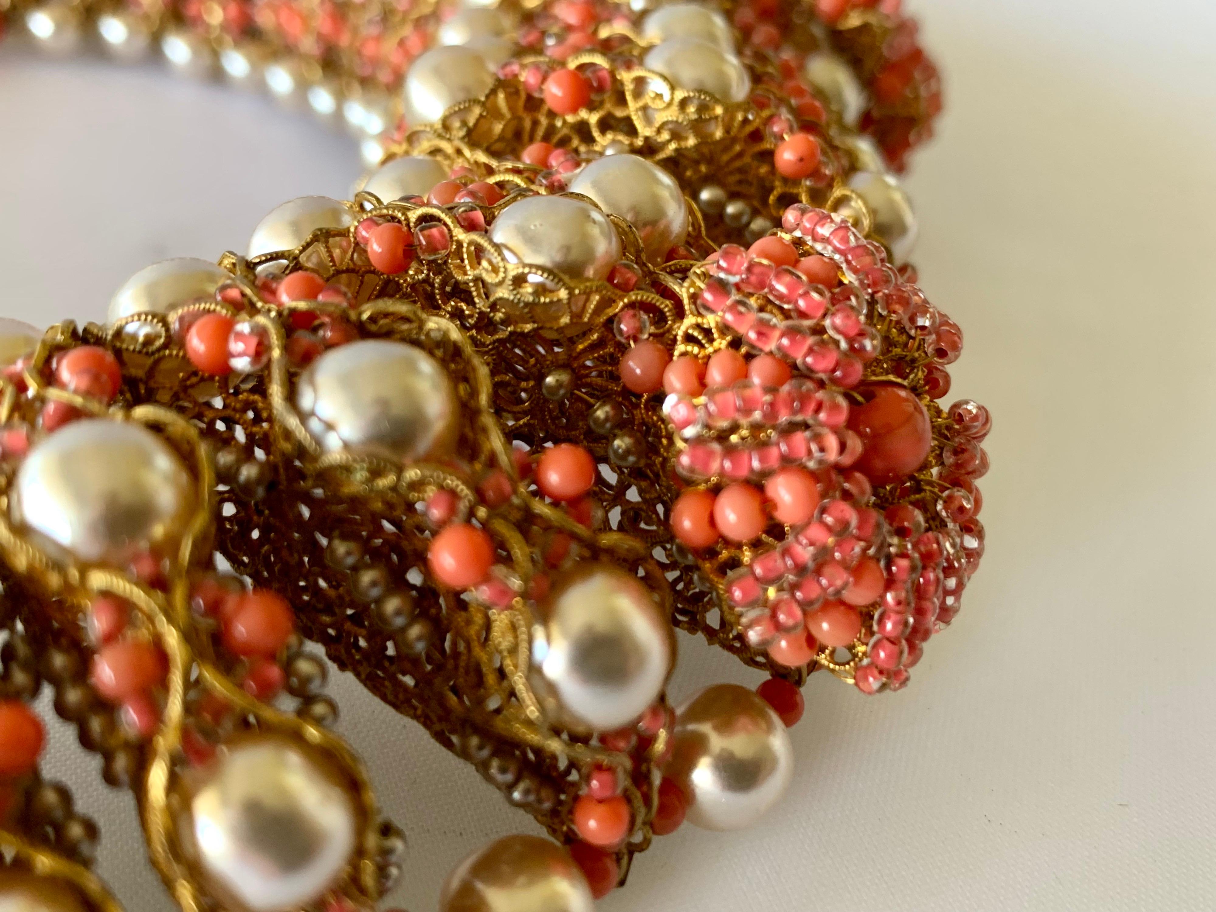Vintage Gilt Coral and Pearl Beaded Statement Necklace by de Lillo  1