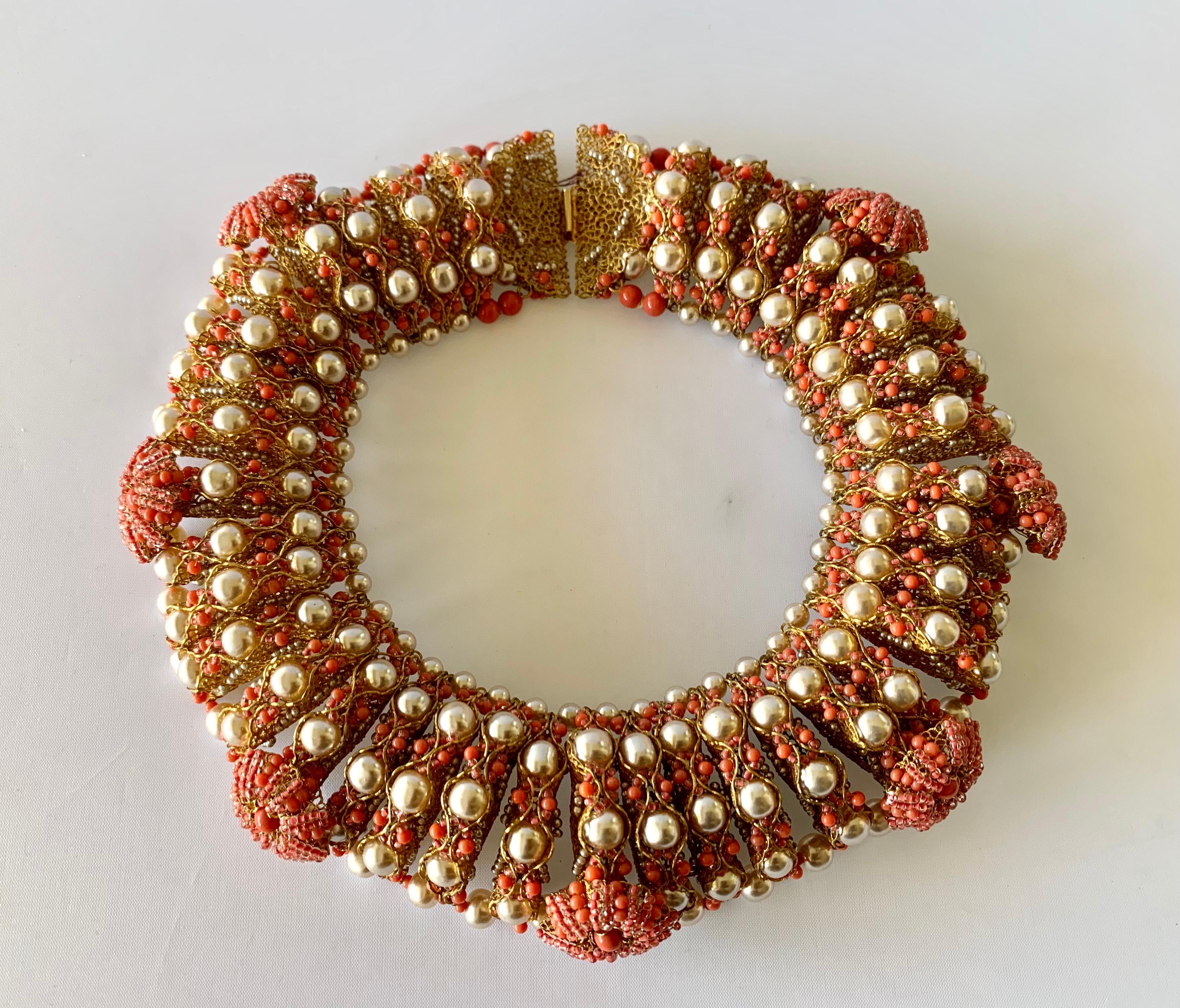 Vintage Gilt Coral and Pearl Beaded Statement Necklace by de Lillo  2