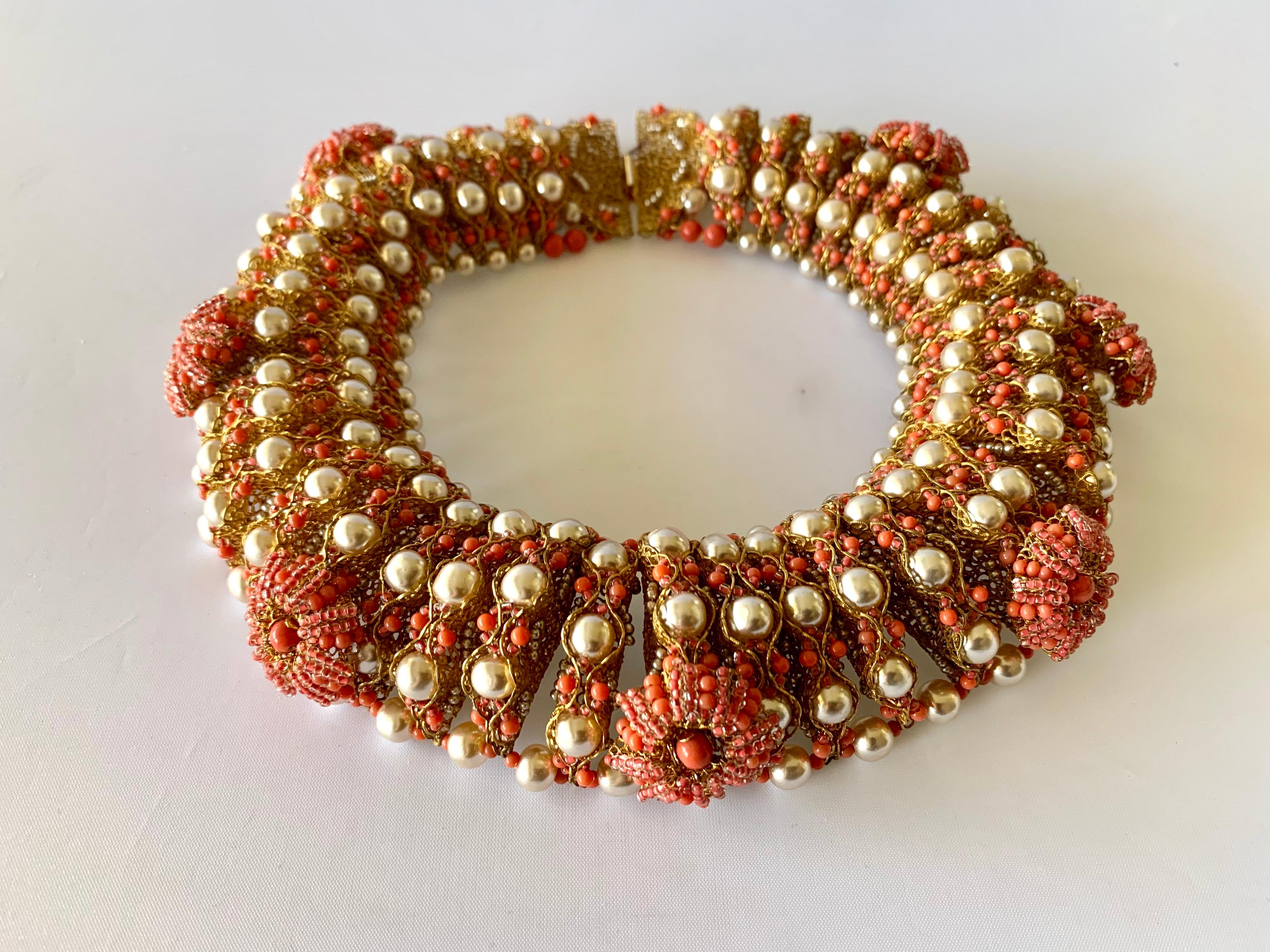 Vintage Gilt Coral and Pearl Beaded Statement Necklace by de Lillo  3