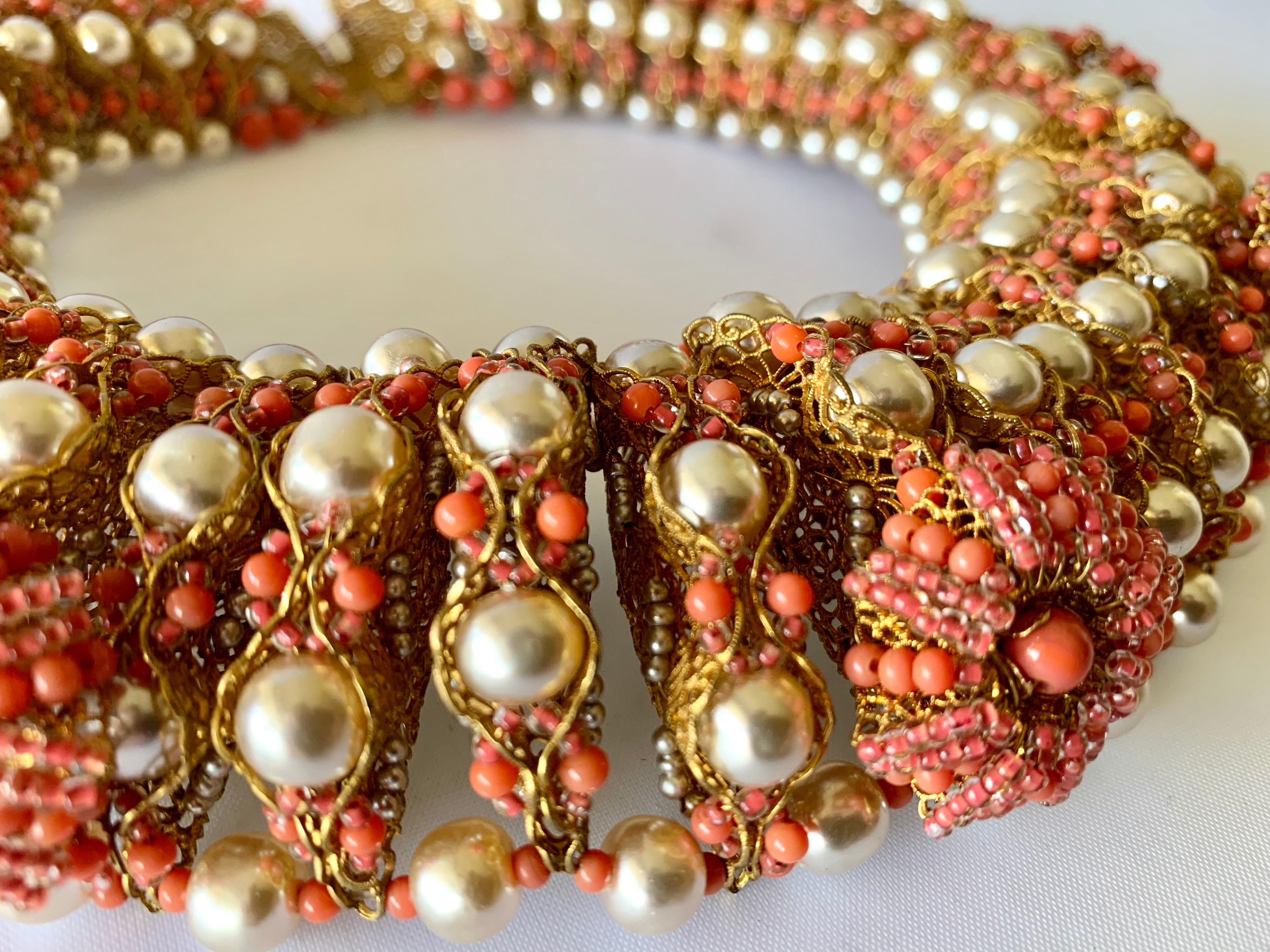 Vintage Gilt Coral and Pearl Beaded Statement Necklace by de Lillo  4