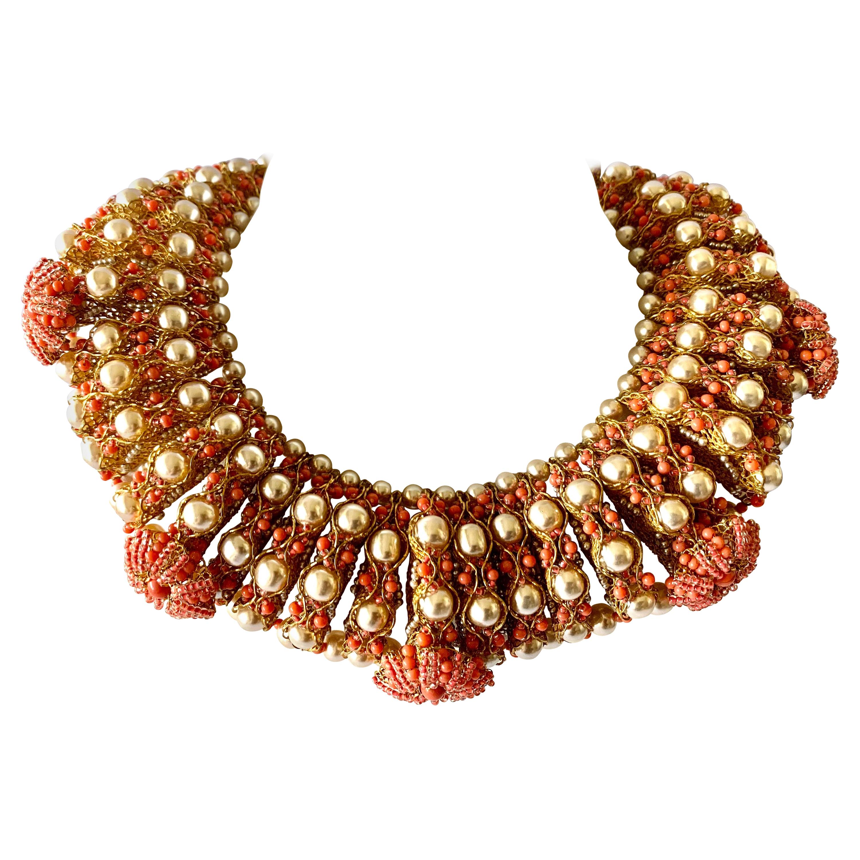 Vintage Gilt Coral and Pearl Beaded Statement Necklace by de Lillo 