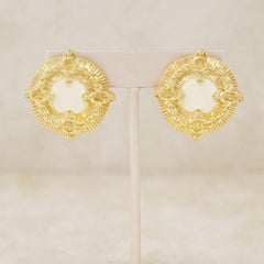 Vintage Gilt & Cream Enamel Coin Statement Earrings by St. John, 1980s