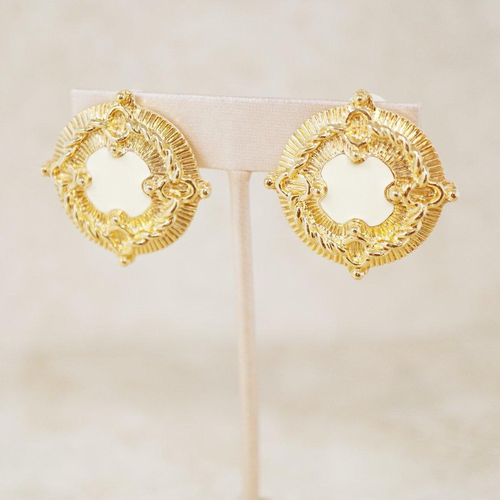 Modern Vintage Gilt & Cream Enamel Coin Statement Earrings by St. John, 1980s For Sale