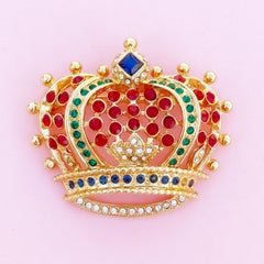 Vintage Gilt & Crystal Crown Figural Brooch By Kenneth Jay Lane, 1990s
