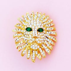 Vintage Gilt & Crystal Pavé Lion Head Figural Brooch, 1980s