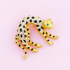 Vintage Gilt & Crystal Rhinestone Panther Figural Brooch, 1980s