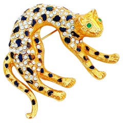 Retro Gilt & Crystal Rhinestone Panther Figural Brooch, 1980s