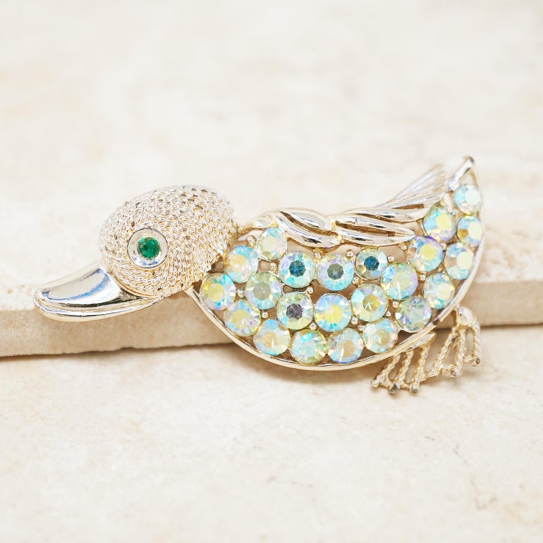 Modern Vintage Gilt Duck Brooch with Aurora Borealis Rhinestones by Coro, 1960s For Sale