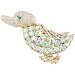 Broche canard dorée vintage avec strass Aurora Borealis de Coro, années 1960