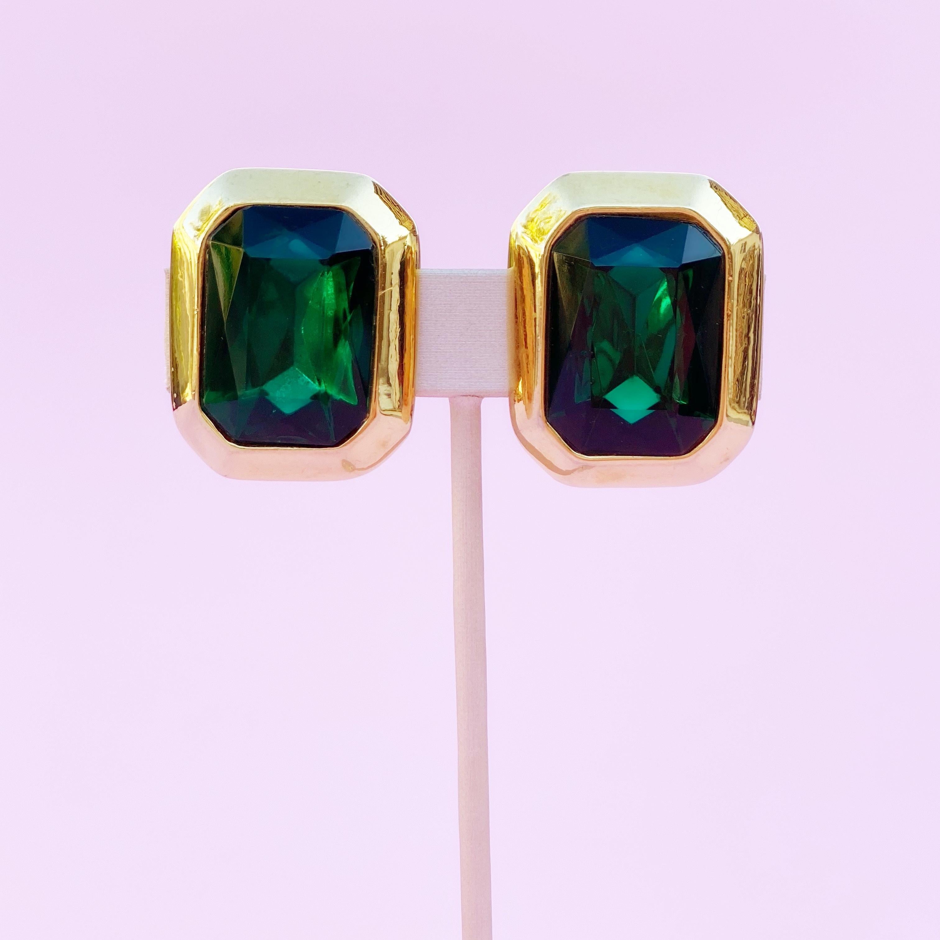 Modern Vintage Gilt & Emerald Crystal Statement Earrings, 1980s For Sale