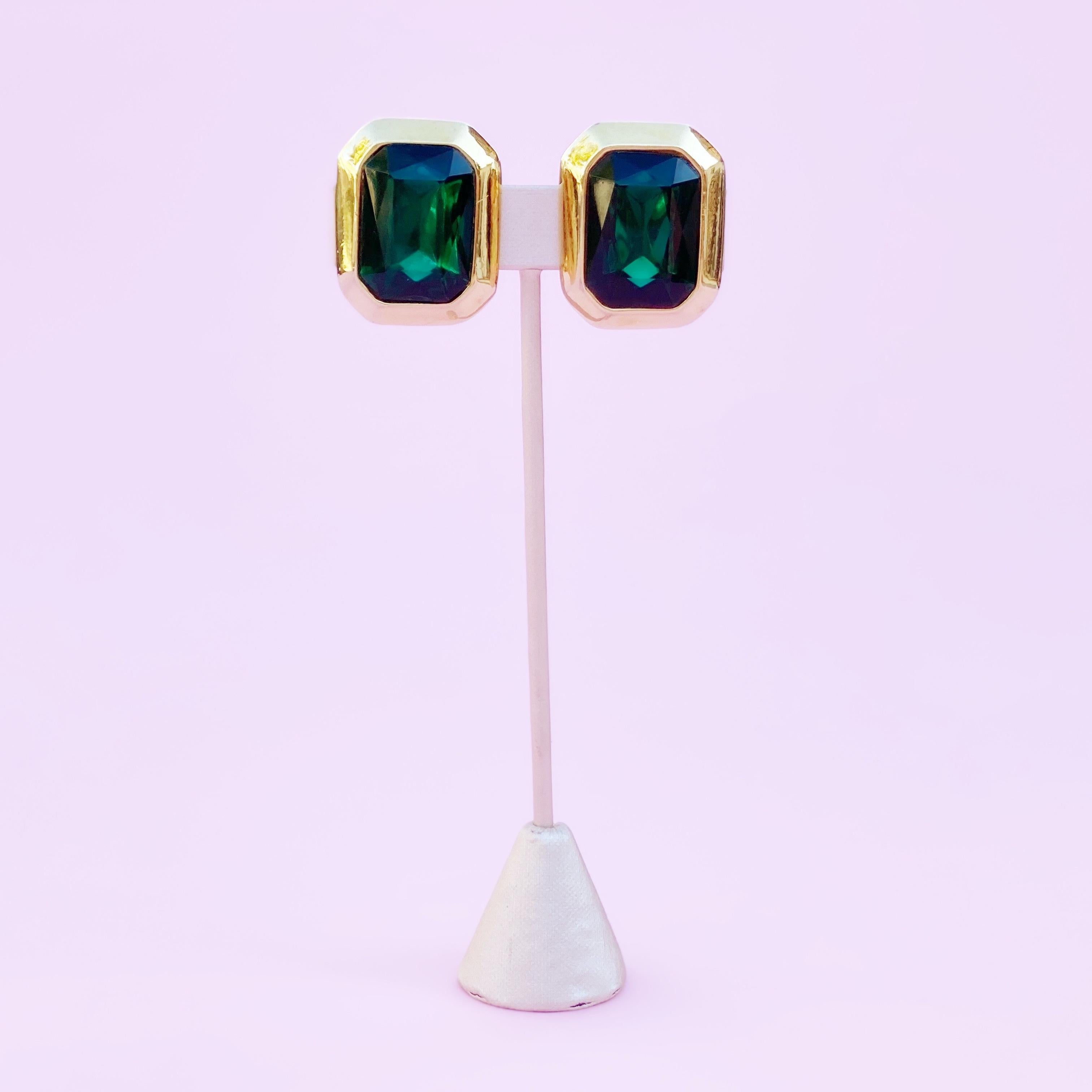 Women's Vintage Gilt & Emerald Crystal Statement Earrings, 1980s For Sale