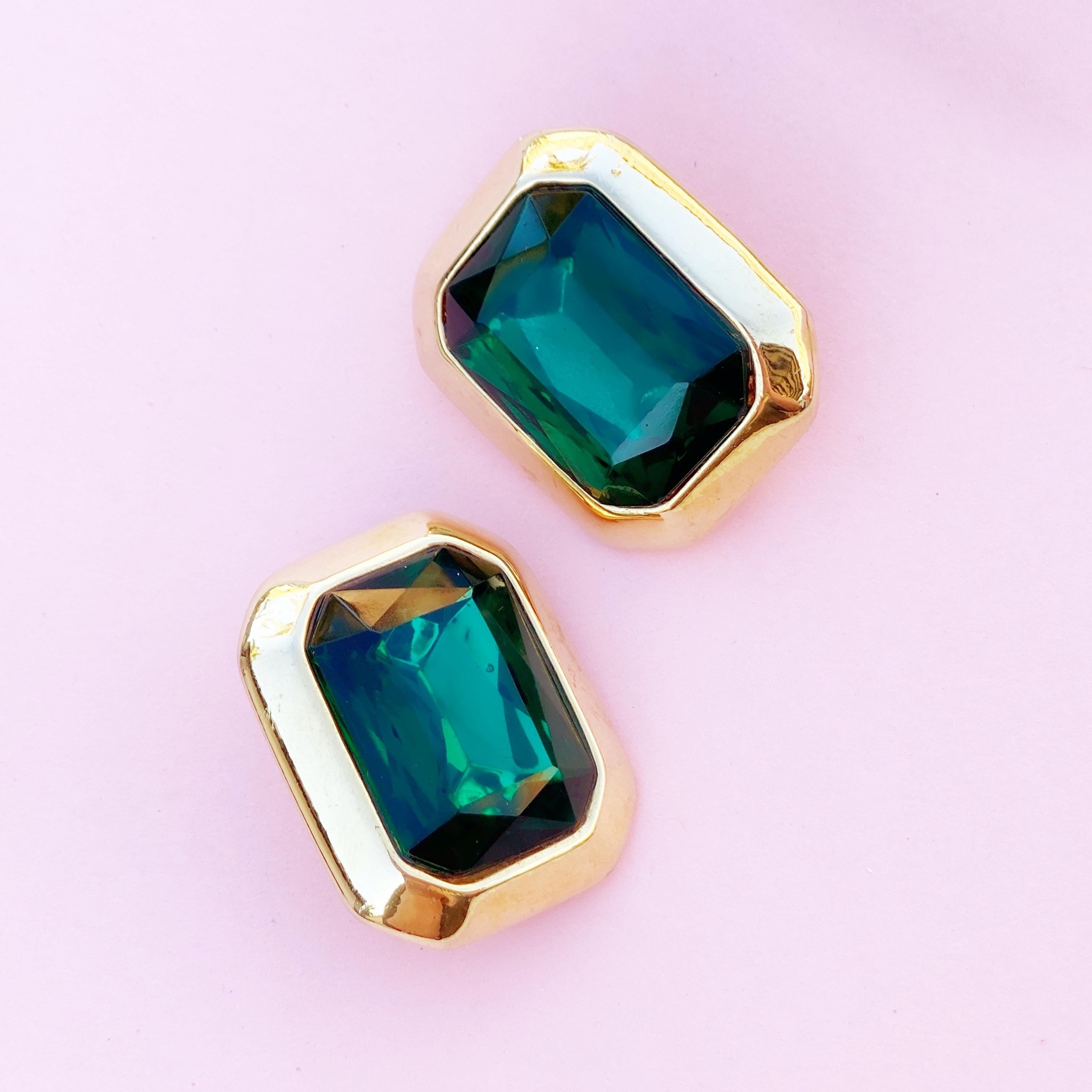 Vintage Gilt & Emerald Crystal Statement Earrings, 1980s For Sale 1