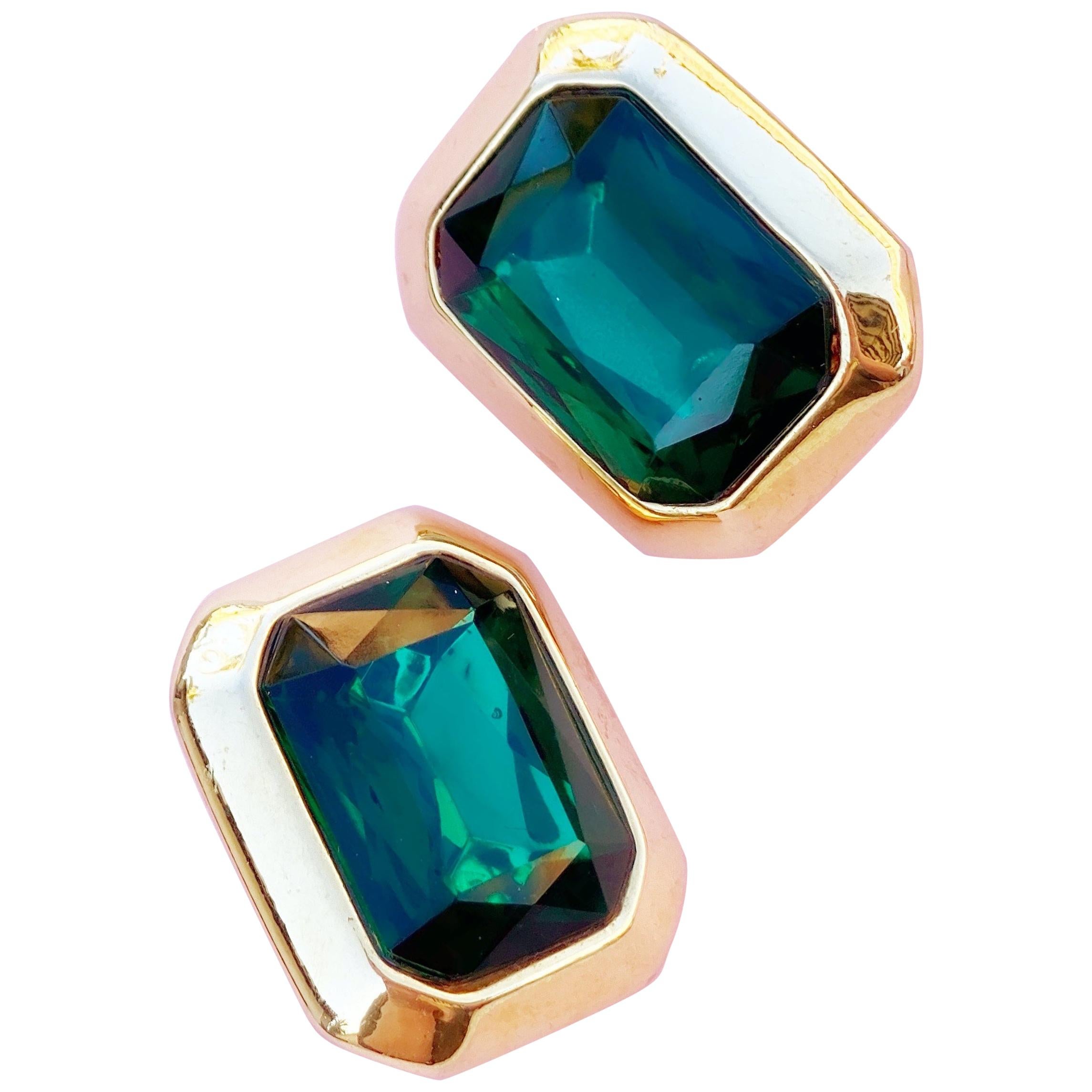 Vintage Gilt & Emerald Crystal Statement Earrings, 1980s For Sale