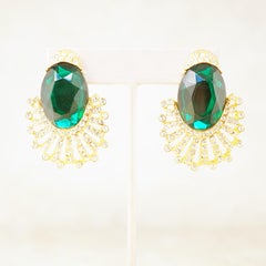 Vintage Gilt & Emerald Rhinestone Statement Earrings by Tara Fifth Avenue, 1960s