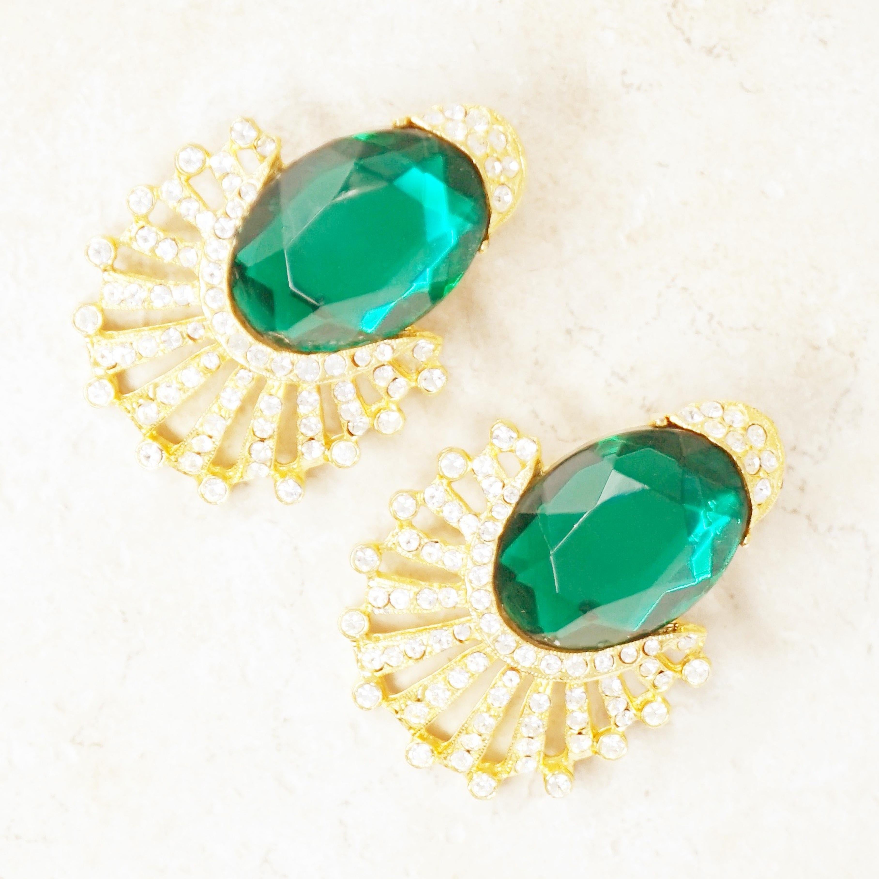 Modern Vintage Gilt & Emerald Rhinestone Statement Earrings by Tara Fifth Avenue, 1960s For Sale