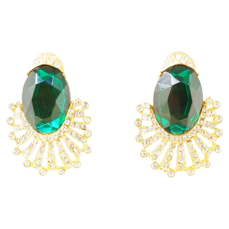 Vintage Gilt and Emerald Rhinestone Statement Earrings by Tara Fifth