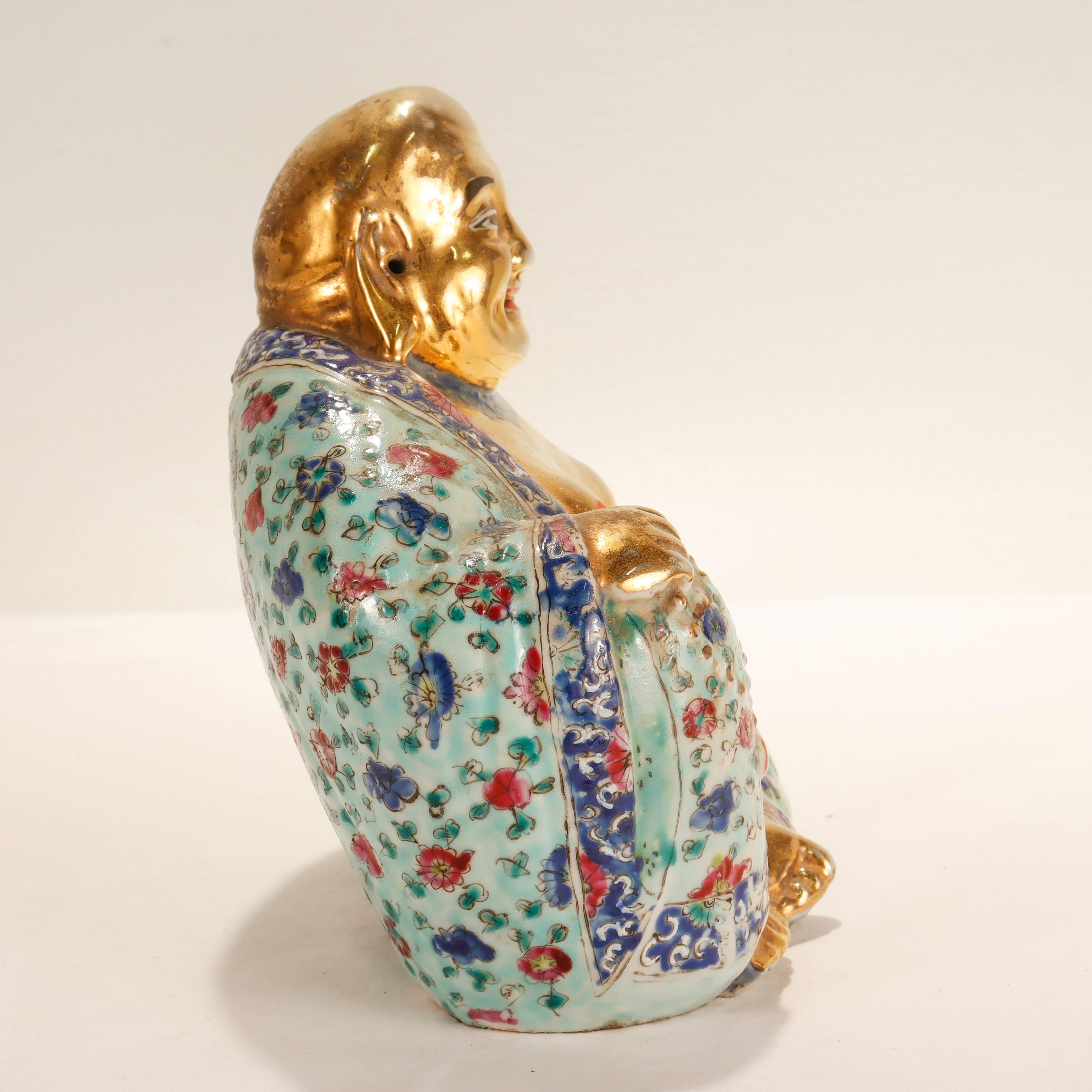 20th Century Vintage Gilt Famille Verte Chinese Porcelain Seated Buddha/Luohan Ex-Lorin Marsh For Sale