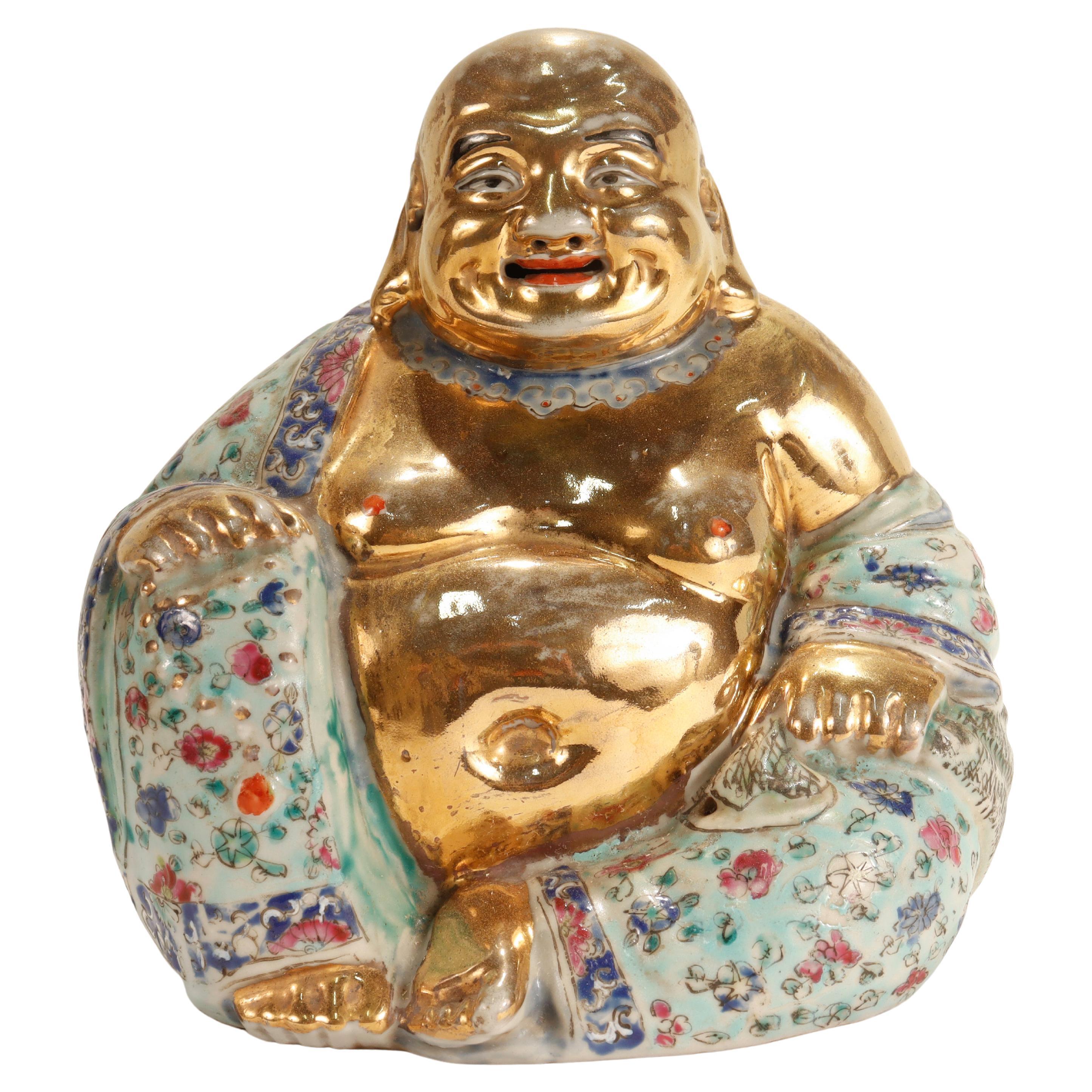 Vintage Gilt Famille Verte Chinese Porcelain Seated Buddha/Luohan Ex-Lorin Marsh For Sale