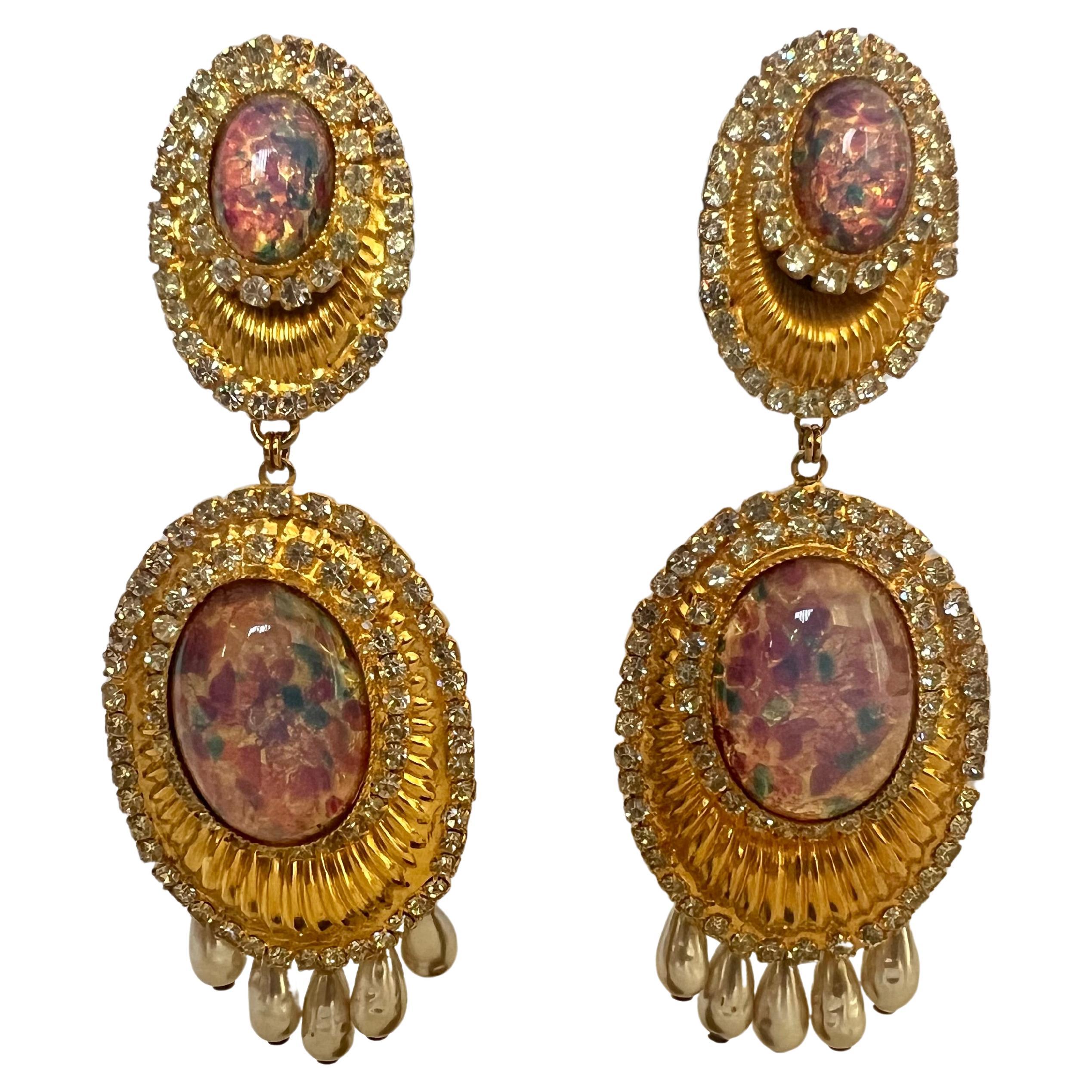 Vintage Gilt Faux Diamante, Opal, and Pearl Earrings by William de Lillo  For Sale