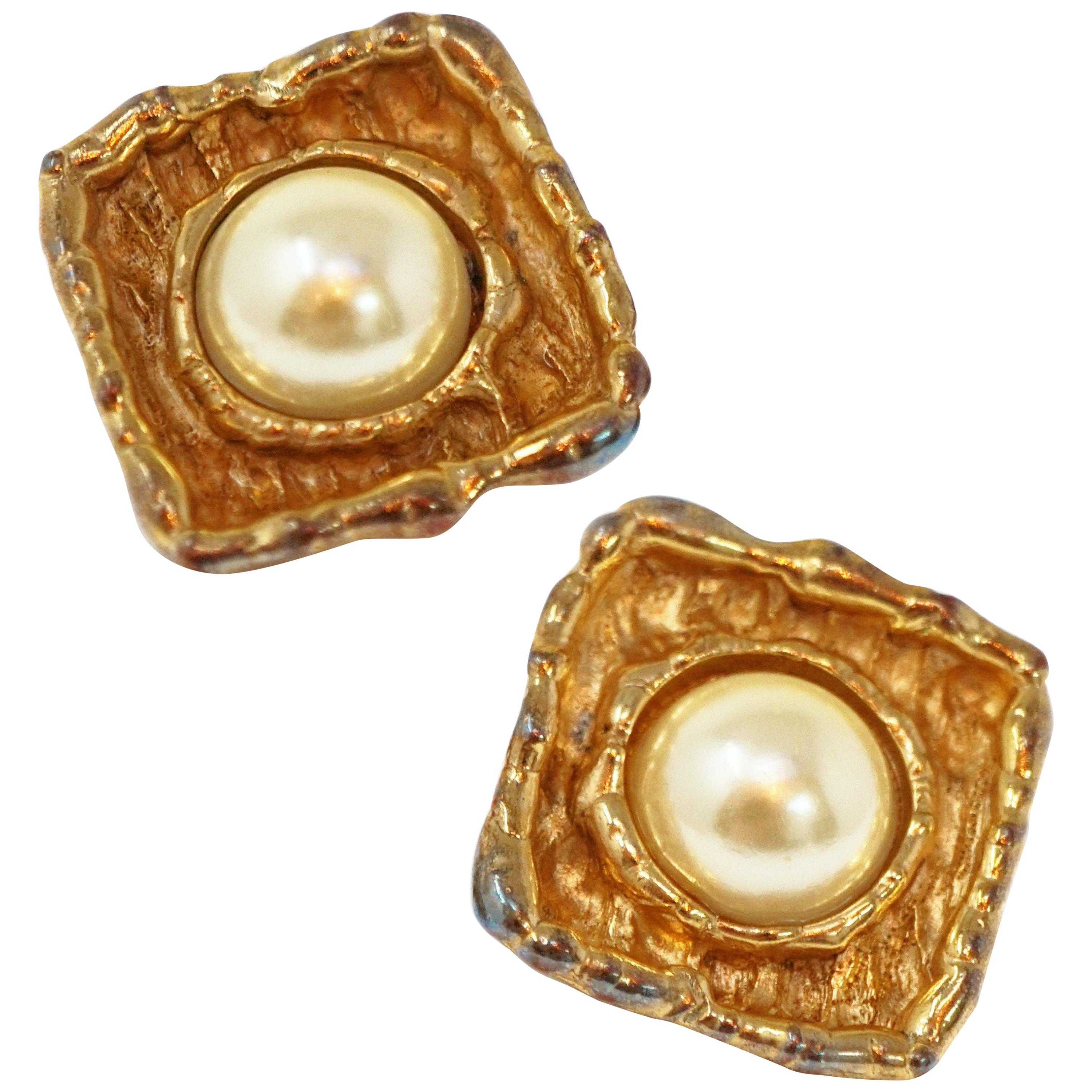 Vintage Gilt & Faux Mabe Pearl Statement Earrings, In The Style of Chanel