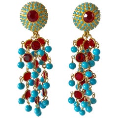 Boucles d'oreilles pendantes en faux turquoise et rubis avec pendentifs en vermeil