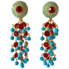 Vintage Gilt Faux Turquoise and Ruby Chandelier Statement Earrings  