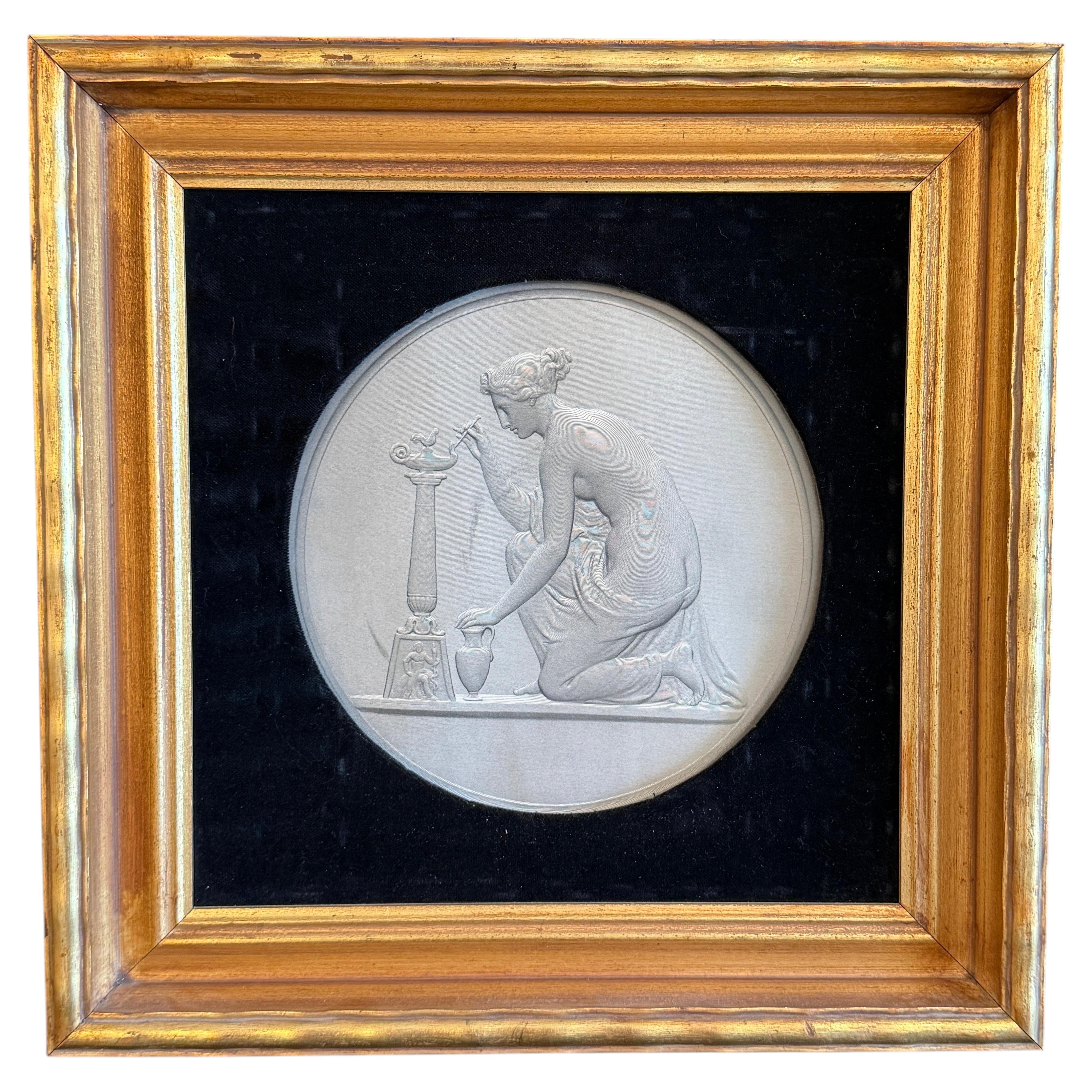 Vintage Gilt Framed Art Grey Silk Relief Sculpture of William Wyon Sculptor
