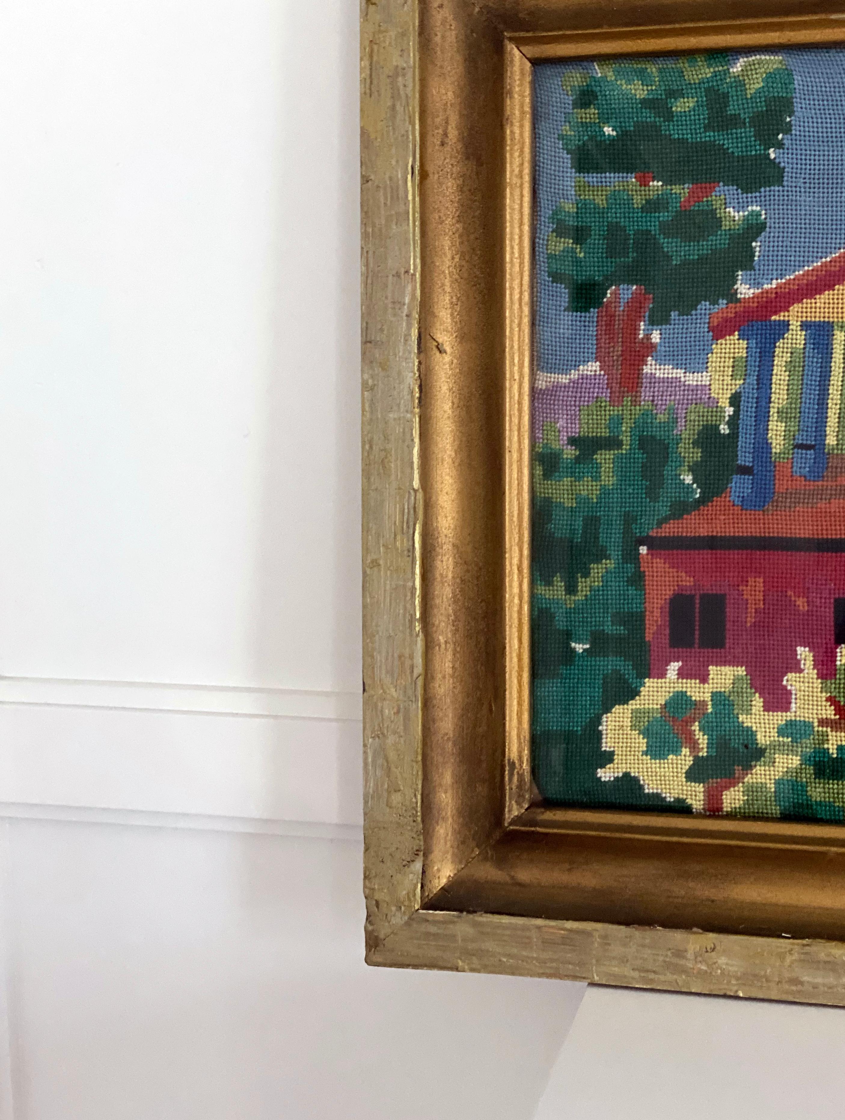 Vintage GiltFramed Needlepoint Landscape Artwork, a Pair For Sale at