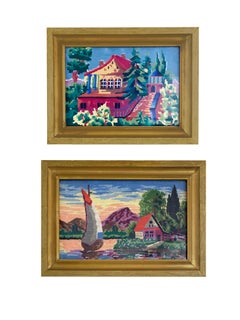 Vintage Gilt-Framed Needlepoint Landscape Artwork, a Pair