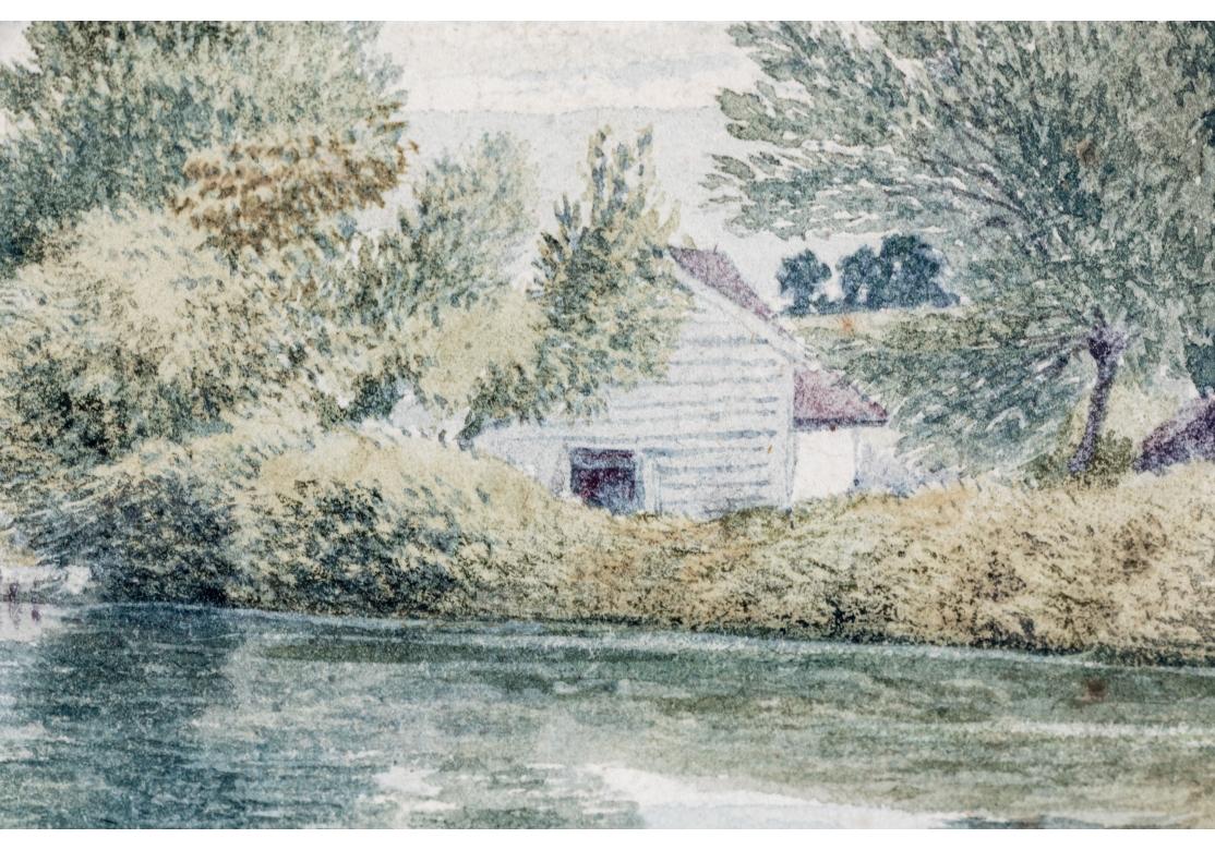 Vintage vergoldet gerahmt Aquarell auf Papier, Cottages On The River im Angebot 5