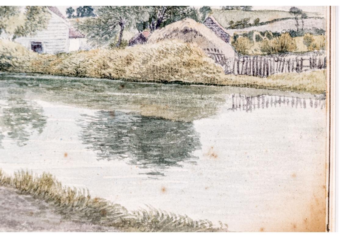 Vintage vergoldet gerahmt Aquarell auf Papier, Cottages On The River im Angebot 8