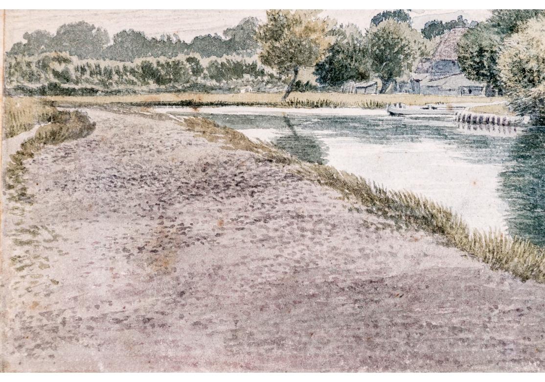Vintage vergoldet gerahmt Aquarell auf Papier, Cottages On The River im Angebot 10