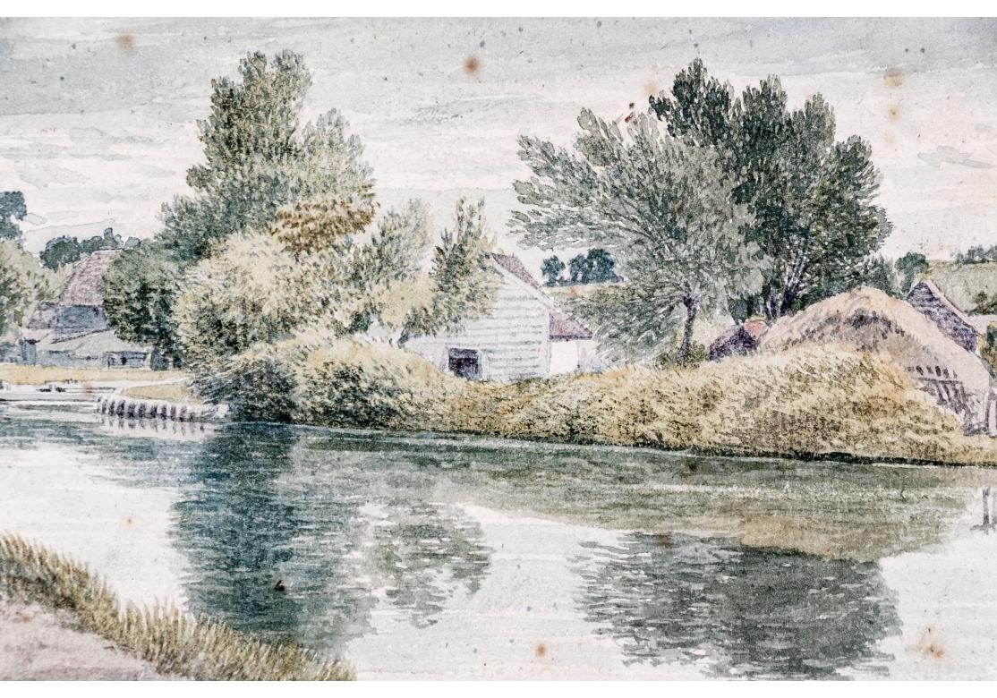 Vintage vergoldet gerahmt Aquarell auf Papier, Cottages On The River im Angebot 11