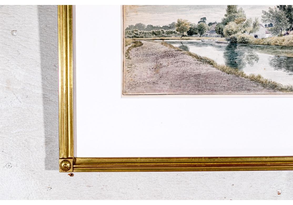 Vintage vergoldet gerahmt Aquarell auf Papier, Cottages On The River im Angebot 12