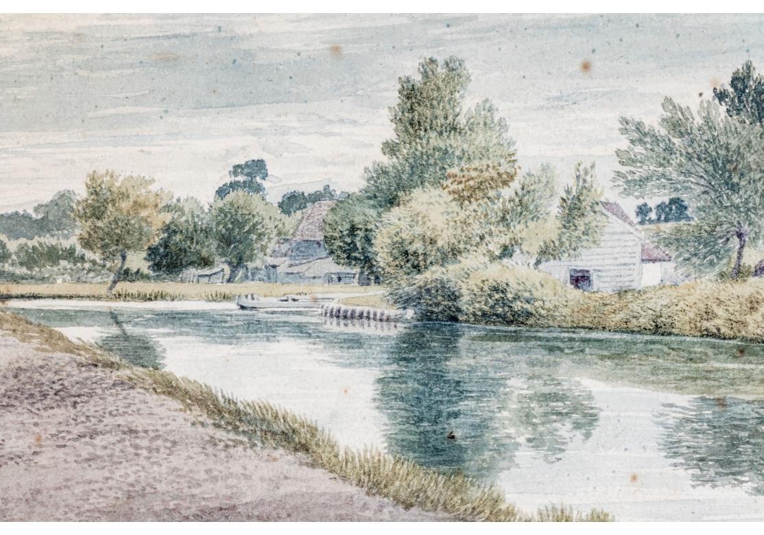 Vintage vergoldet gerahmt Aquarell auf Papier, Cottages On The River (Rustikal) im Angebot
