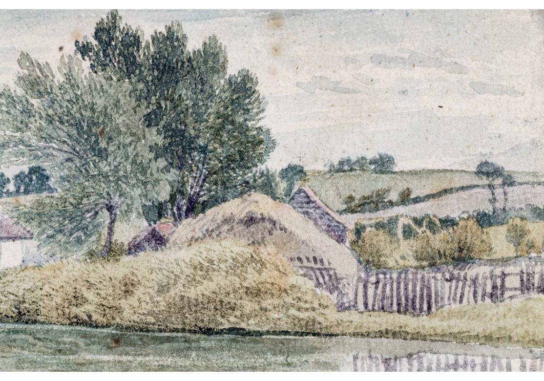 Vintage vergoldet gerahmt Aquarell auf Papier, Cottages On The River im Zustand „Starke Gebrauchsspuren“ im Angebot in Bridgeport, CT