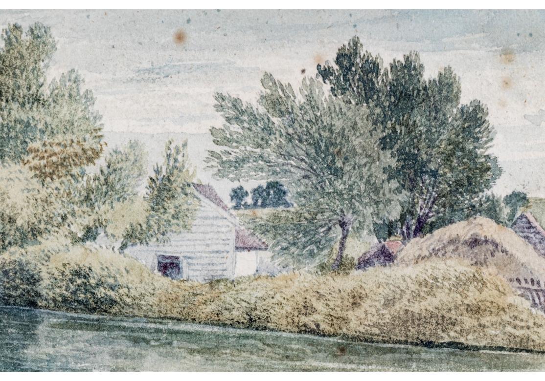 Vintage vergoldet gerahmt Aquarell auf Papier, Cottages On The River (20. Jahrhundert) im Angebot