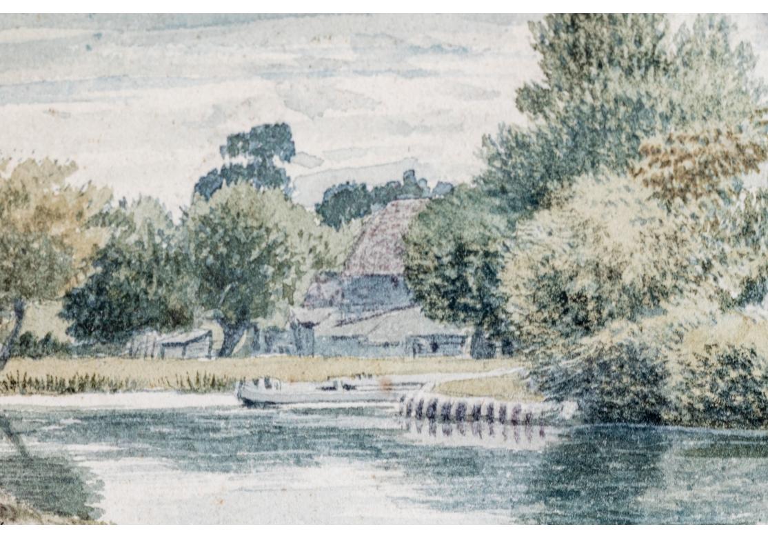 Vintage vergoldet gerahmt Aquarell auf Papier, Cottages On The River im Angebot 1