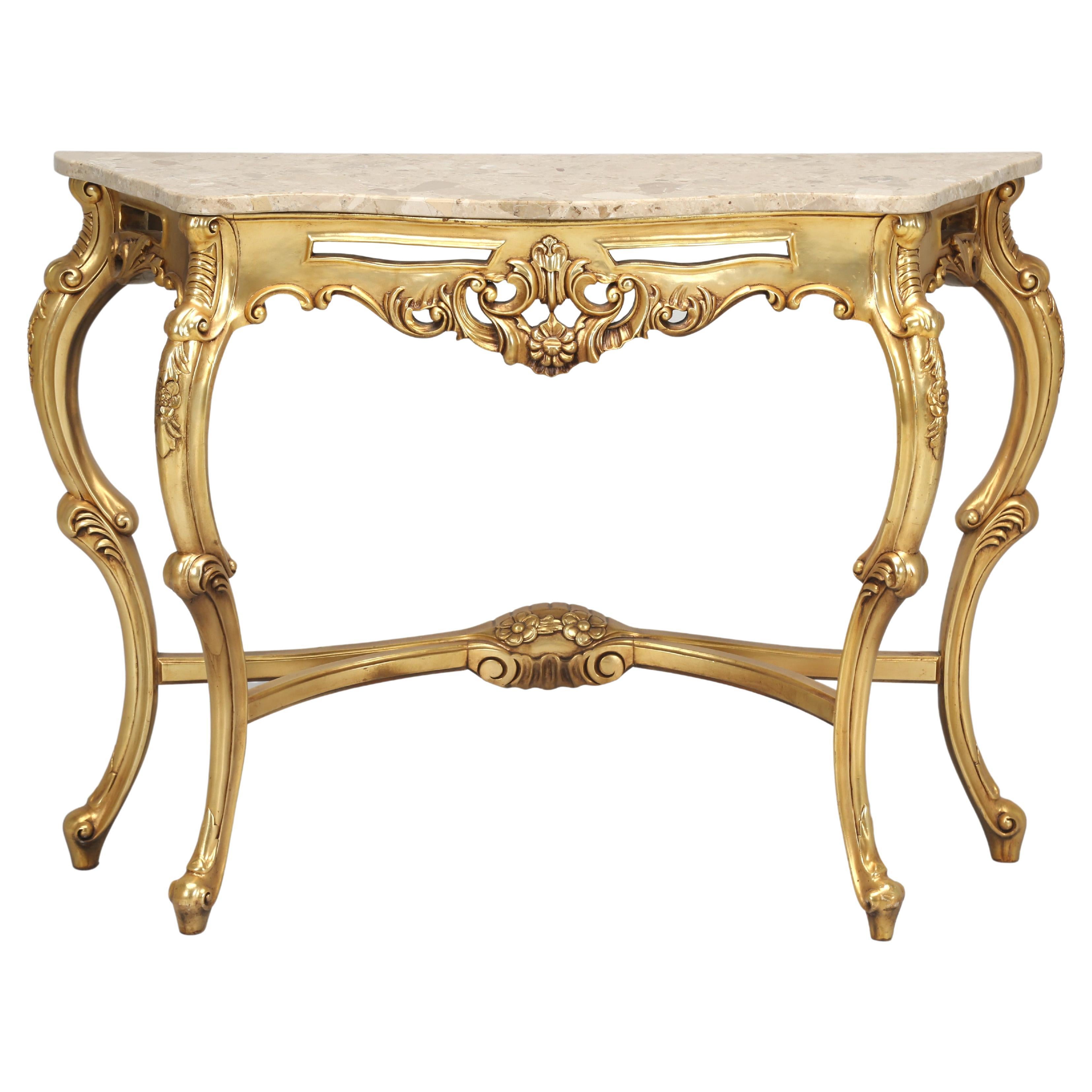 Vintage Gilt French Console Table with Stone Top