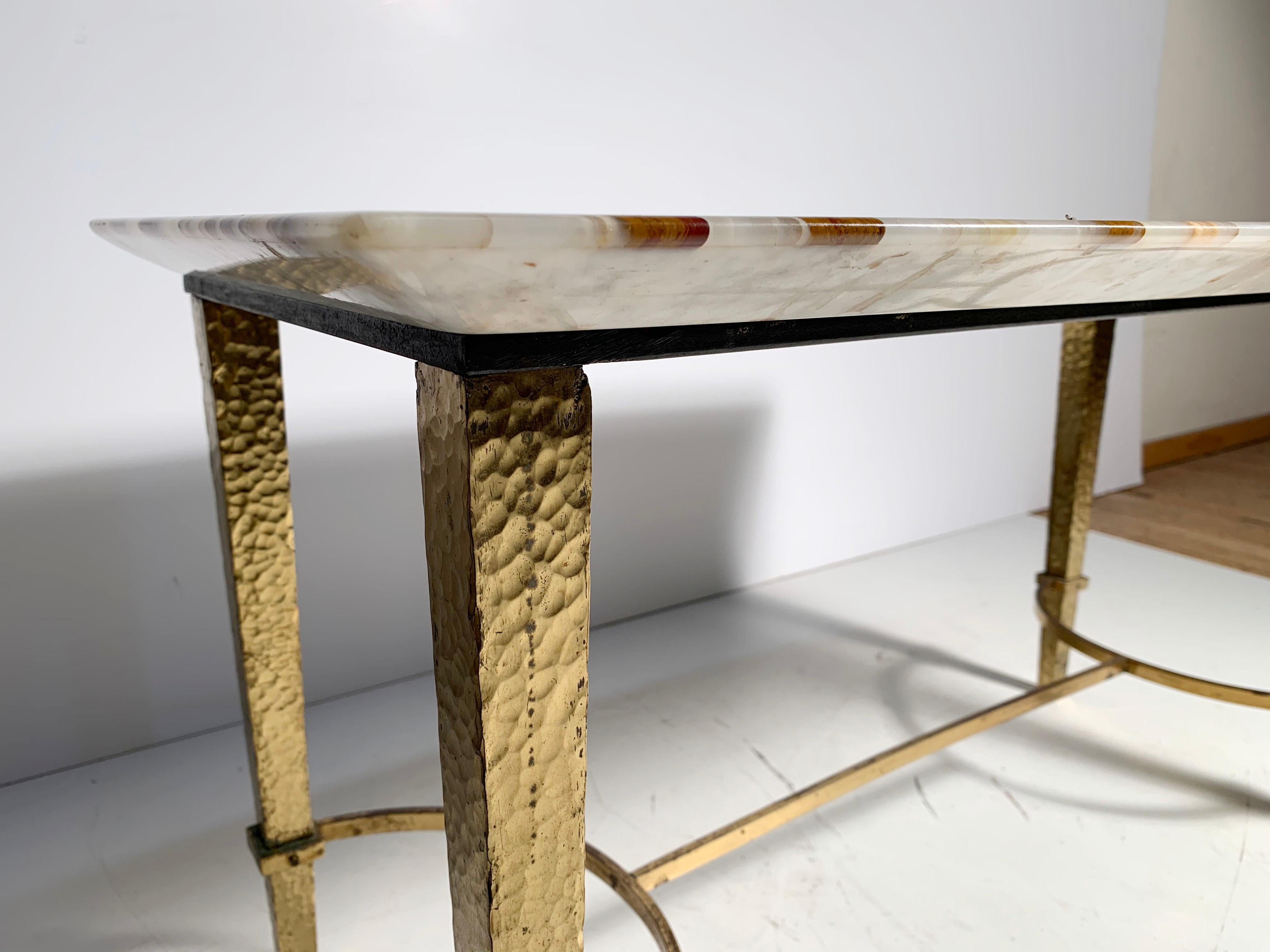 Vintage Gilt / Gilded Hammered Metal Petite Coffee Table with Stone Top For Sale 3
