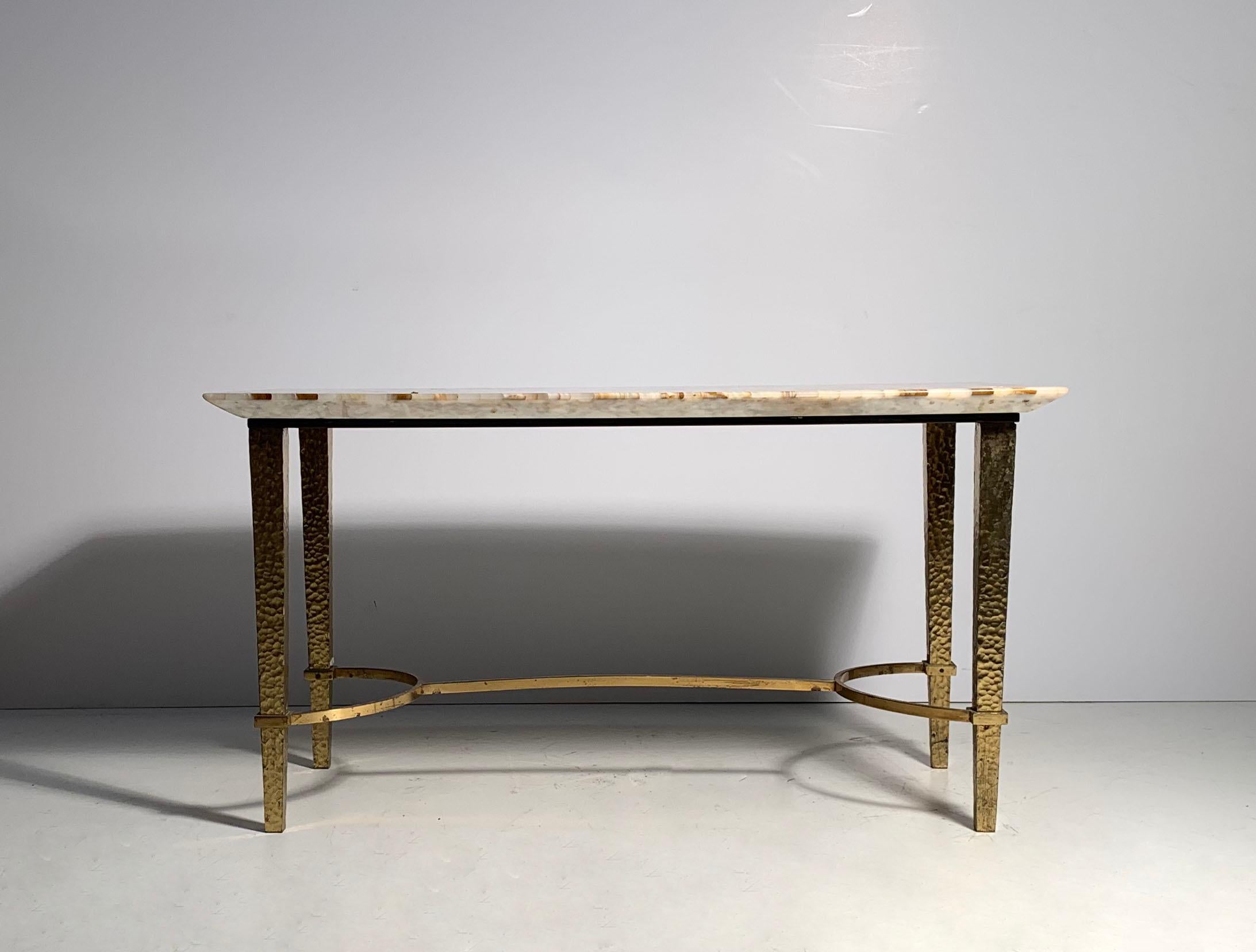 20th Century Vintage Gilt / Gilded Hammered Metal Petite Coffee Table with Stone Top For Sale