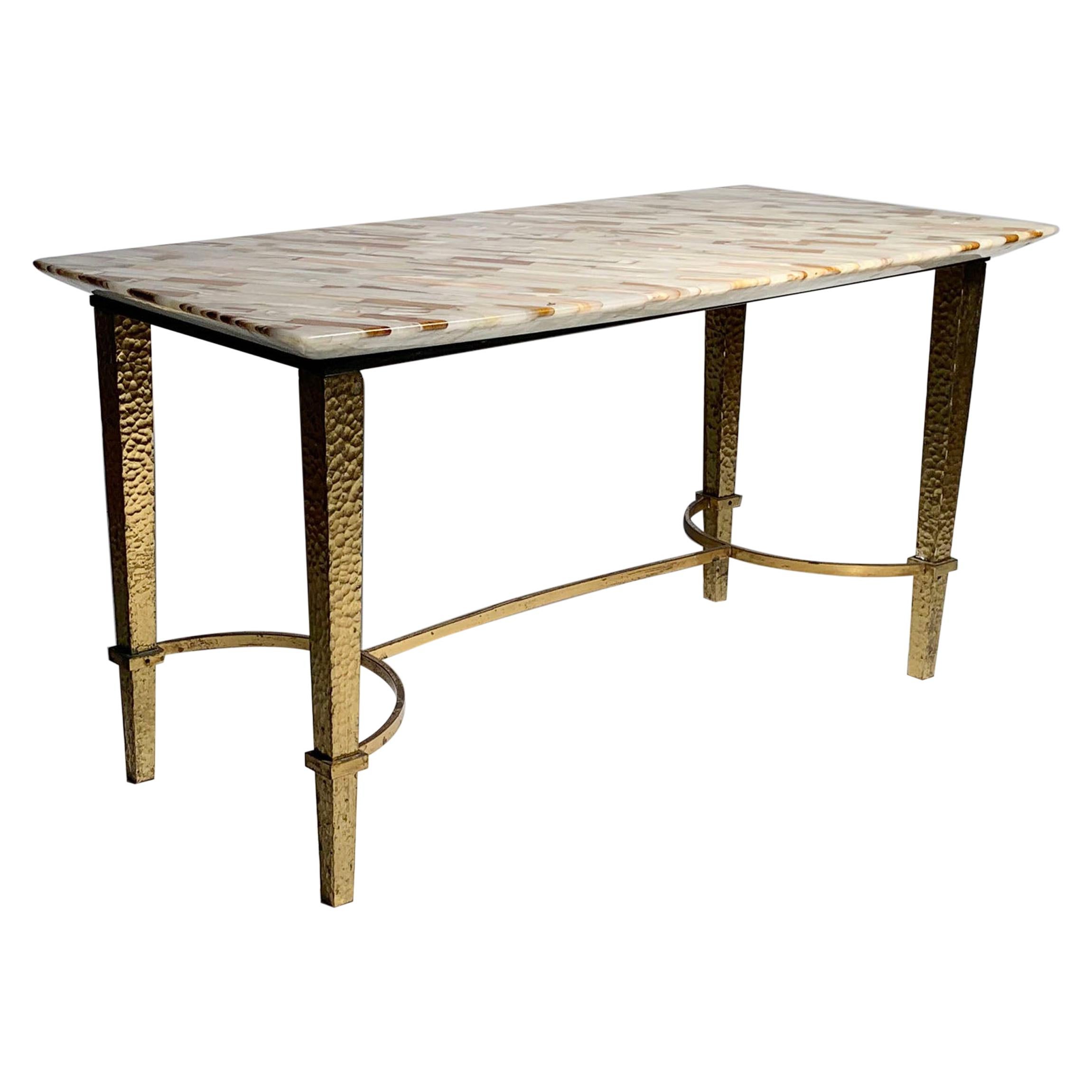 Vintage Gilt / Gilded Hammered Metal Petite Coffee Table with Stone Top