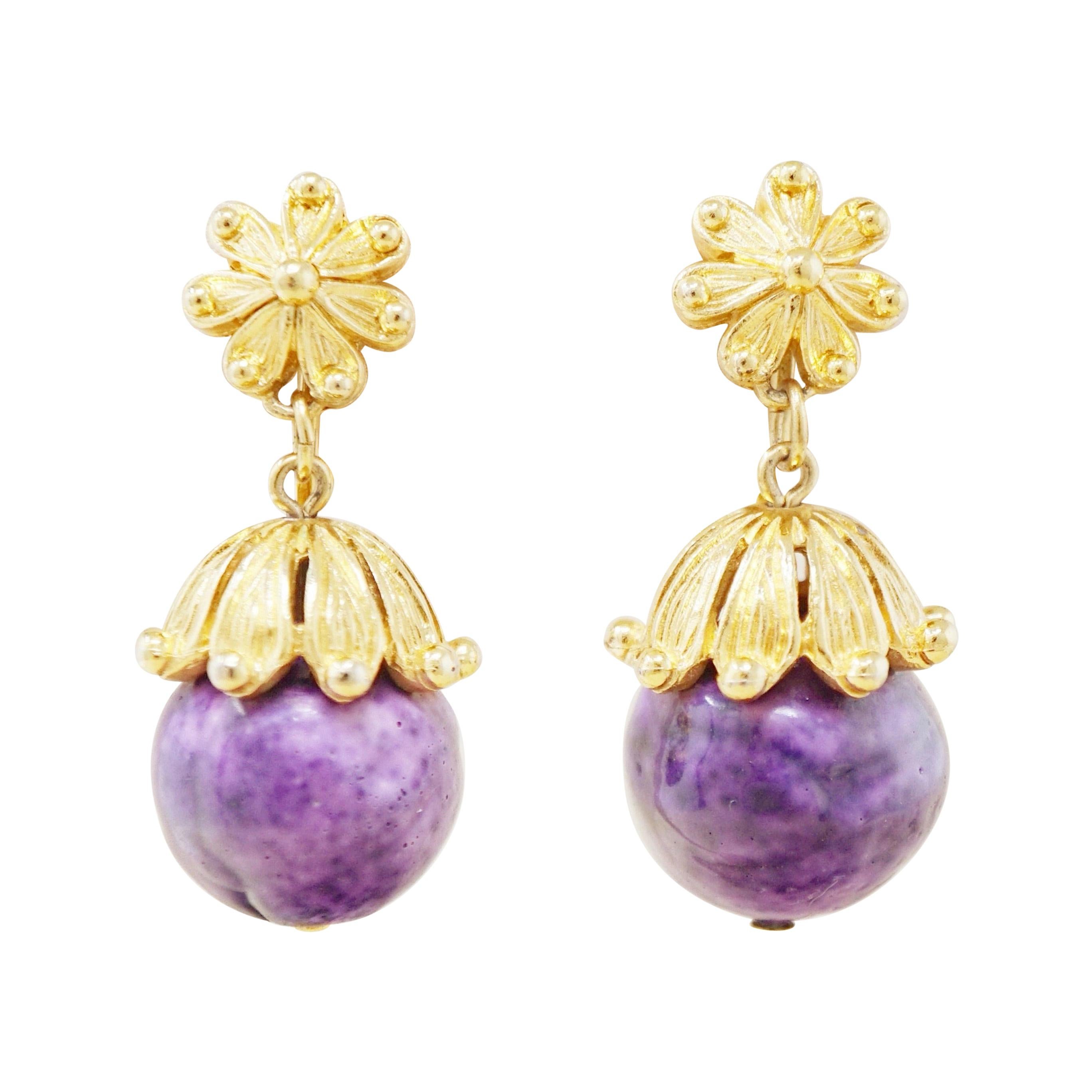 Vintage Gilt & Grape Purple Beaded Earrings by Crown Trifari, 1960s
