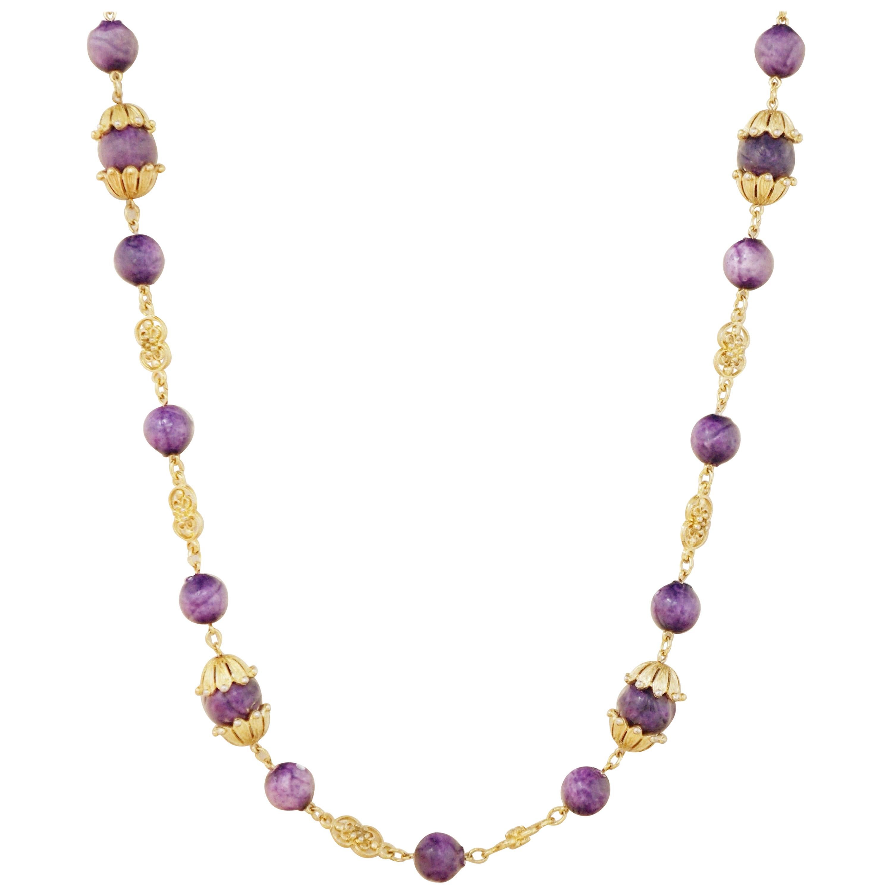 Vintage Gilt & Grape Purple Beaded Necklace by Crown Trifari, 1960s