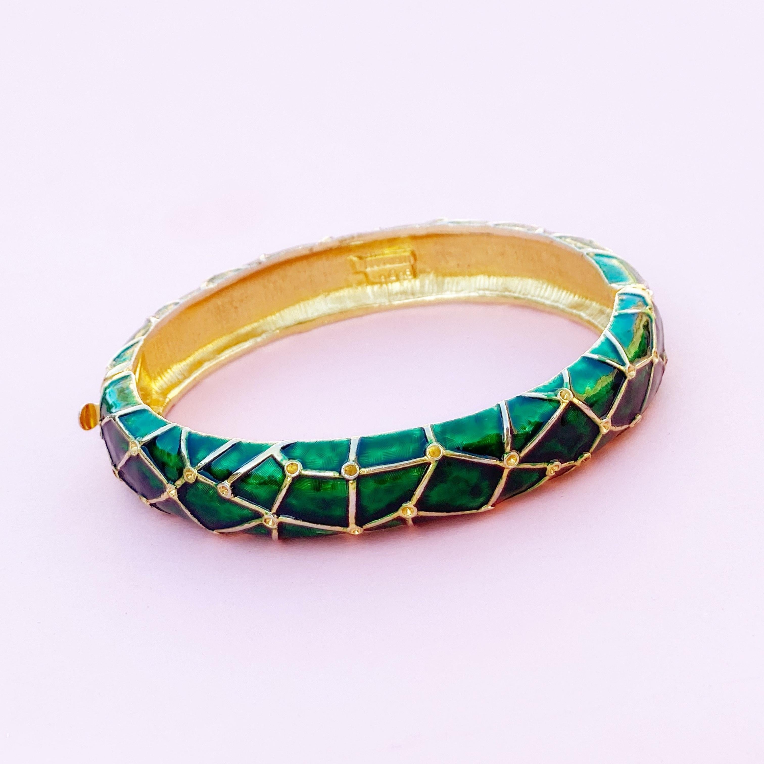 Modern Vintage Gilt & Green Enamel Hinged Bangle Bracelet by Marcel Boucher, 1950s