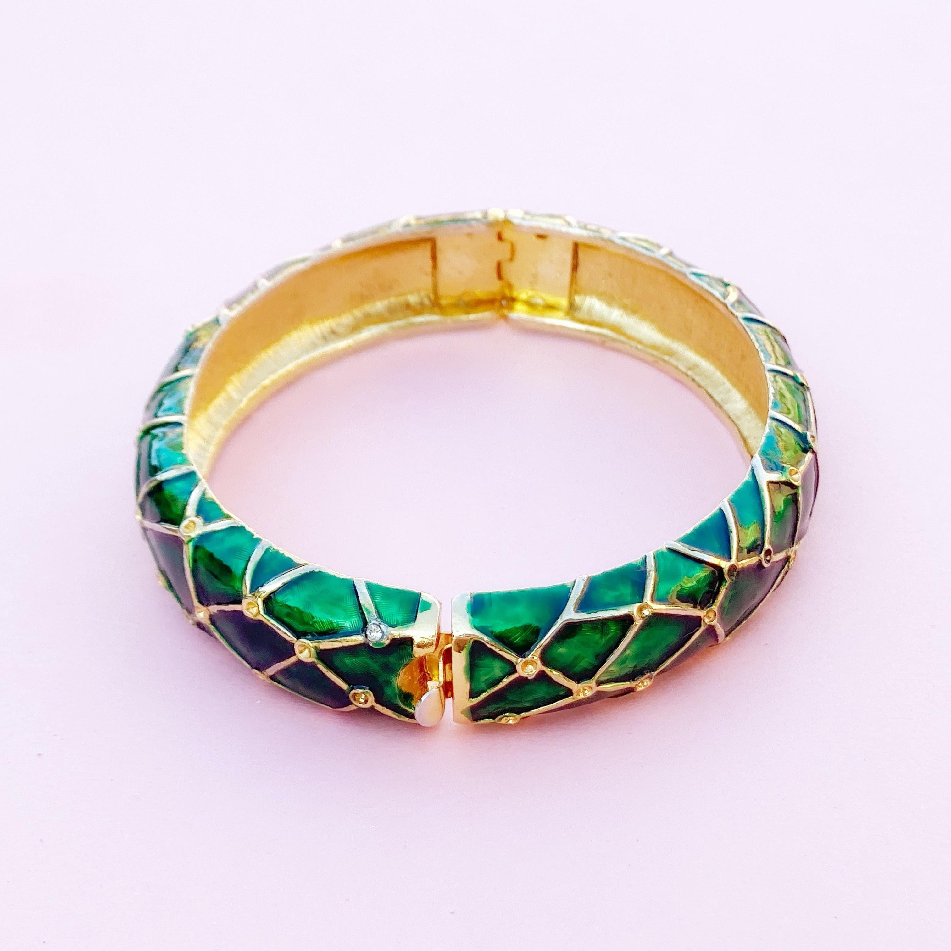 Vintage Gilt & Green Enamel Hinged Bangle Bracelet by Marcel Boucher, 1950s In Good Condition In McKinney, TX