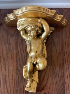 Vintage Gilt Hand Carved Putti Cherub Wall Bracket Shelves, a Pair